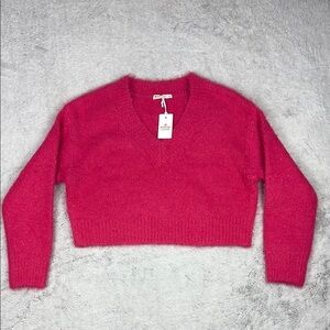 NEW Marine Layer Teddy Eyelash V-Neck Sweater‎ Raspberry Cropped Womens XS